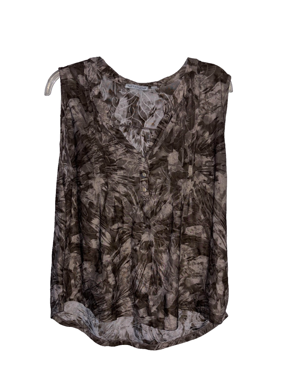 Notations Sleeveless Blouse Womens PXL Petite Olive Brown Abstract Henley Shirt